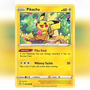 Pikachu Pokemon Card 🔥 60 HP 🟡 52/196